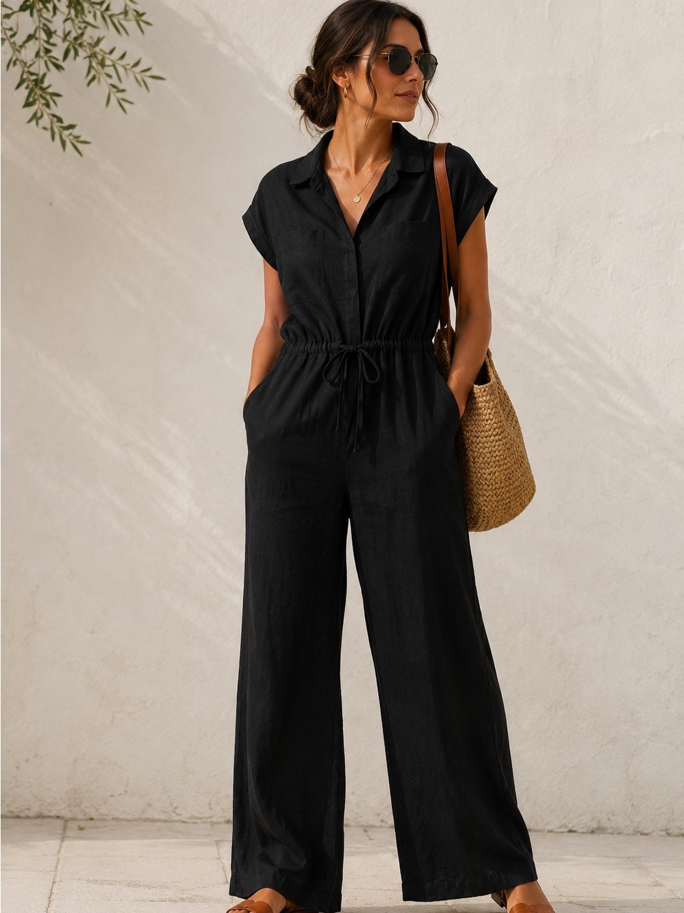Universal Thread Black Linen Blend Utility Jumpsuit Minimal Luxe Resort Wide Leg